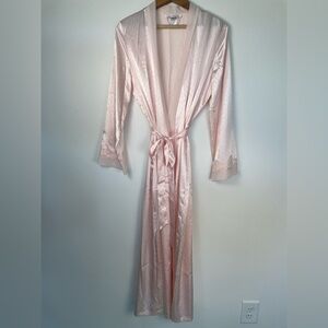 NWOT Pink Satin Robe Lace Trim Tie Waist Sleepwear Coquette Bridal S/M